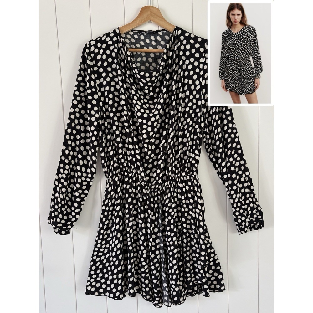 Zara Polka Dot Mini Dress Black Cream Long Sleeve Cowl Neck Elastic Waist Size M